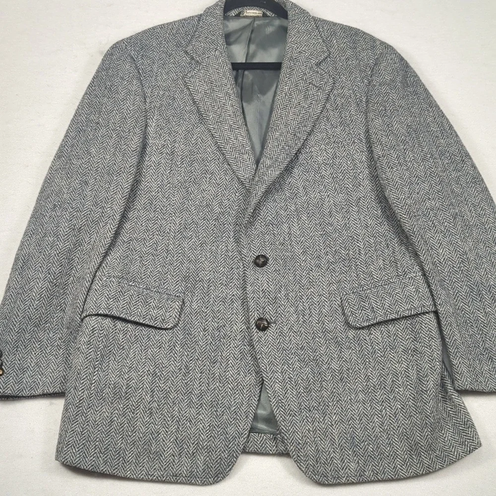 VTG Jos A Bank Harris Tweed Scottish Wool Gray Herringbone Mens Blazer Size 42S‎